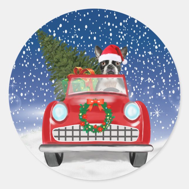 Boston terrier Dog Driving Car In Snow Christmas  Classic Round Sticker (Front)