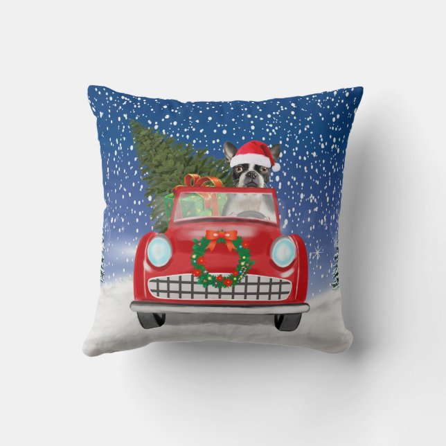 Boston terrier Dog Driving Car In Snow Christmas Cushion (Back)