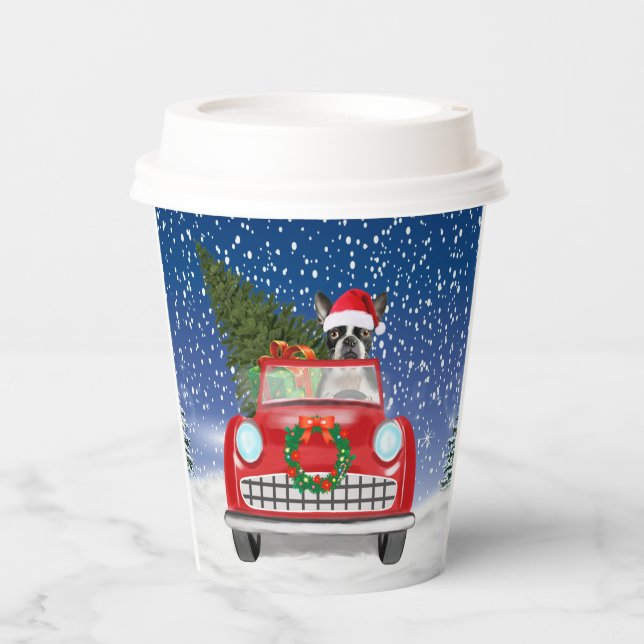 Boston terrier Dog Driving Car In Snow Christmas  Paper Cups (Front)