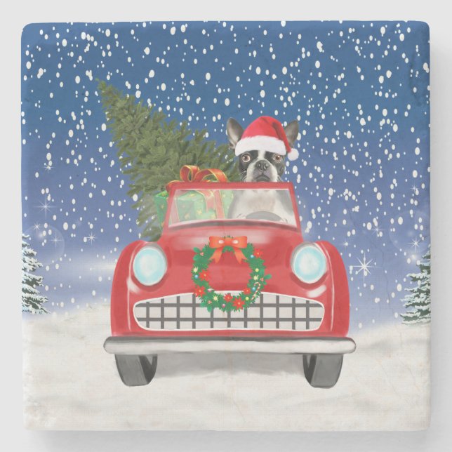 Boston terrier Dog Driving Car In Snow Christmas  Stone Coaster (Front)