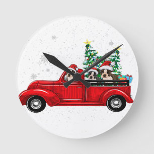 Boston Terrier Dog Driving Xmas Truck Christmas Round Clock