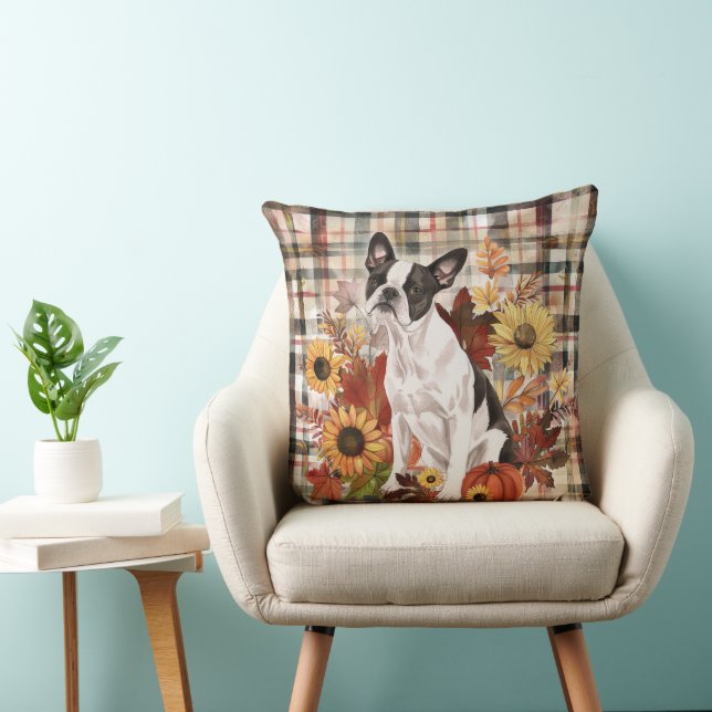 Boston Terrier Dog Fall Watercolor Flowers Cushion (Chair)
