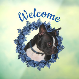 Boston Terrier Dog Floral Wreath Welcome