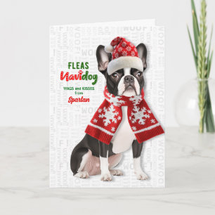 Boston Terrier Dog Funny Fleas Navidog with Name Holiday Card