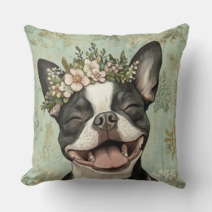 Boston Terrier Dog Green Floral Cushion