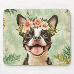 Boston Terrier Dog Green Floral Mouse Pad