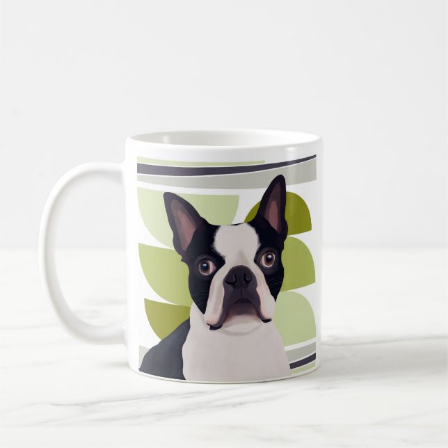 Boston Terrier Dog – Green Geometric Coffee Mug (Left)