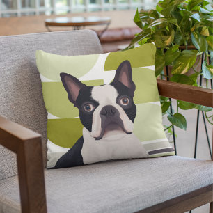 Boston Terrier Dog - Green Geometric Cushion