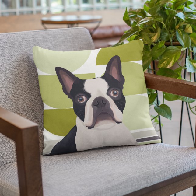 Boston Terrier Dog - Green Geometric Cushion (Creator Uploaded)