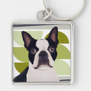 Boston Terrier Dog – Green Geometric Key Ring