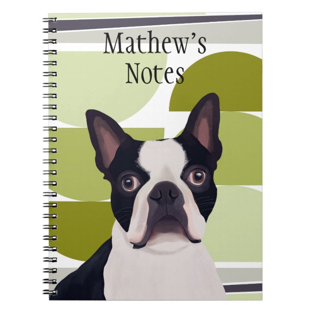 Boston Terrier Dog – Green Geometric Notebook (Front)