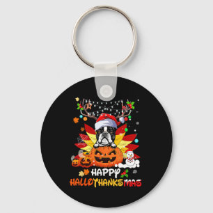 Boston Terrier Dog Halloween And Merry Christmas  Key Ring