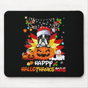 Boston Terrier Dog Halloween And Merry Christmas Mouse Pad