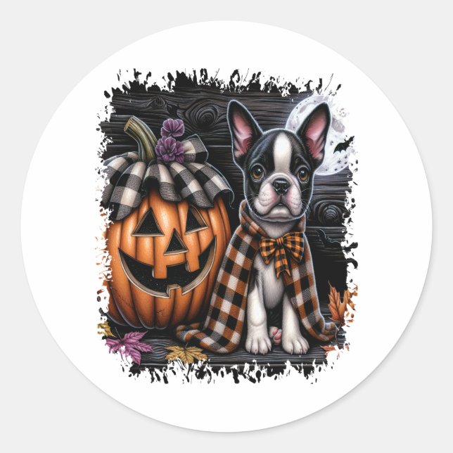 Boston Terrier Dog Halloween Classic Round Sticker (Front)
