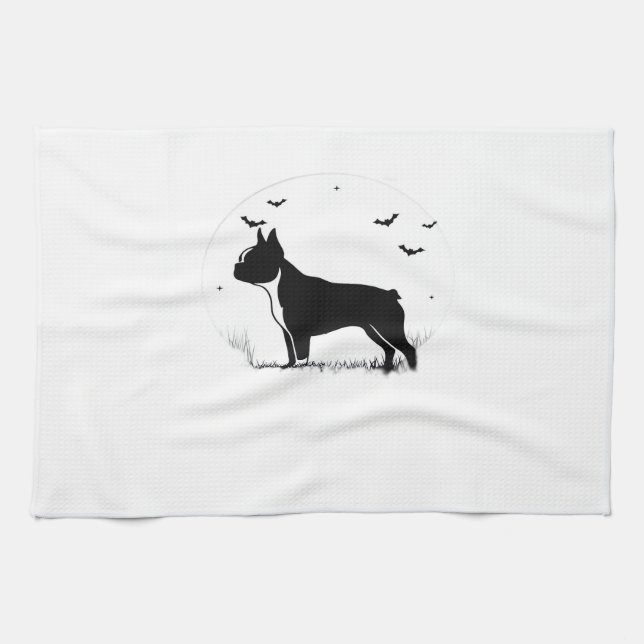 Boston Terrier Dog � Halloween Moon Silhouette Ove Tea Towel (Horizontal)