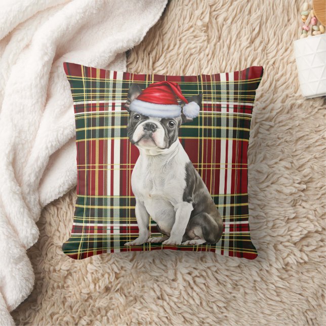 Boston Terrier Dog Holiday Plaid Christmas Cushion (Blanket)