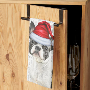 Boston Terrier Dog in a Santa Hat Woof Christmas Tea Towel