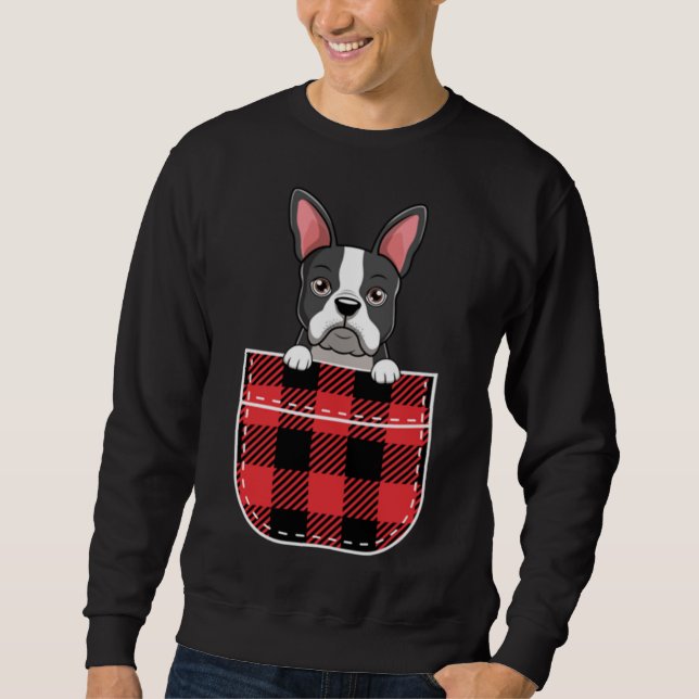 Boston Terrier Dog In Buffalo Plaid Pocket Print C Sweatshirt (Front)