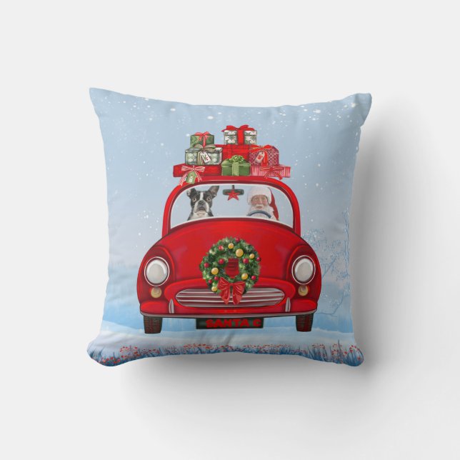 Boston Terrier Dog In Car With Santa Claus  Cushion (Front)