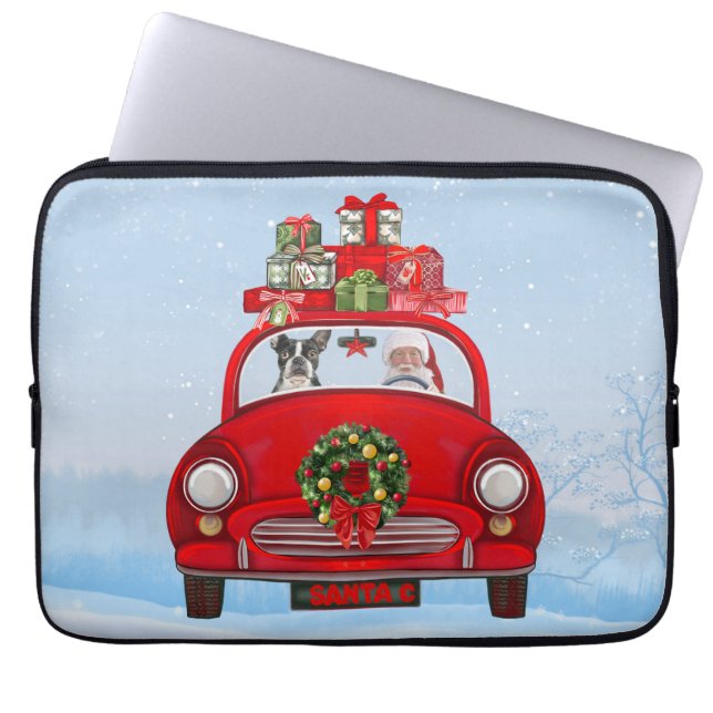 Boston Terrier Dog In Car With Santa Claus Laptop Sleeve (Front)