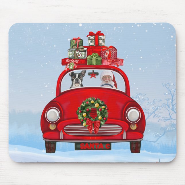 Boston Terrier Dog In Car With Santa Claus  Mouse Pad (Front)