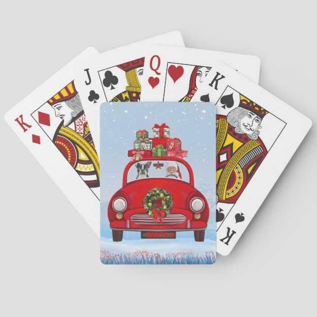 Boston Terrier Dog In Car With Santa Claus  Playing Cards (Back)