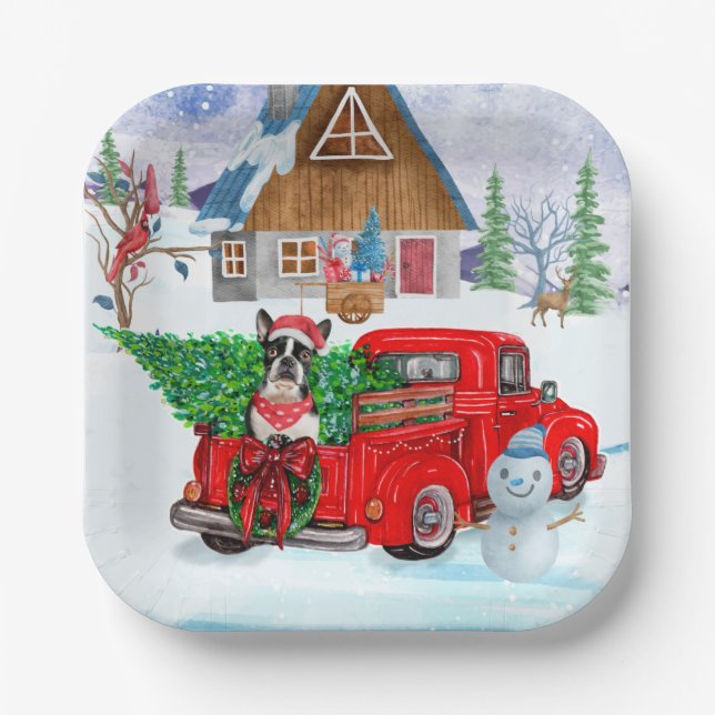 Boston Terrier dog In Christmas Delivery Truck Paper Plate (Front)