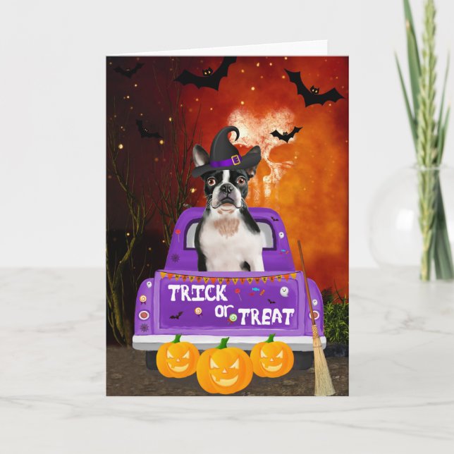 Boston Terrier Dog in Halloween Truck Card (Front)