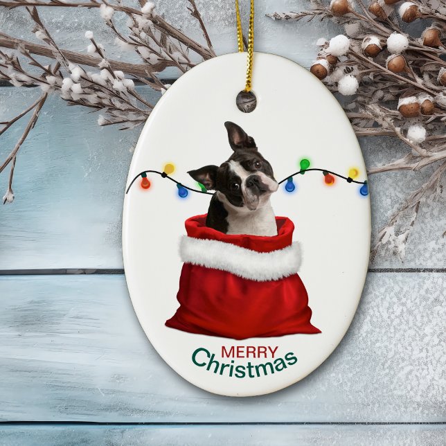 Boston Terrier Dog in Holiday Gift Bag Ceramic Ornament (Creator Uploaded)