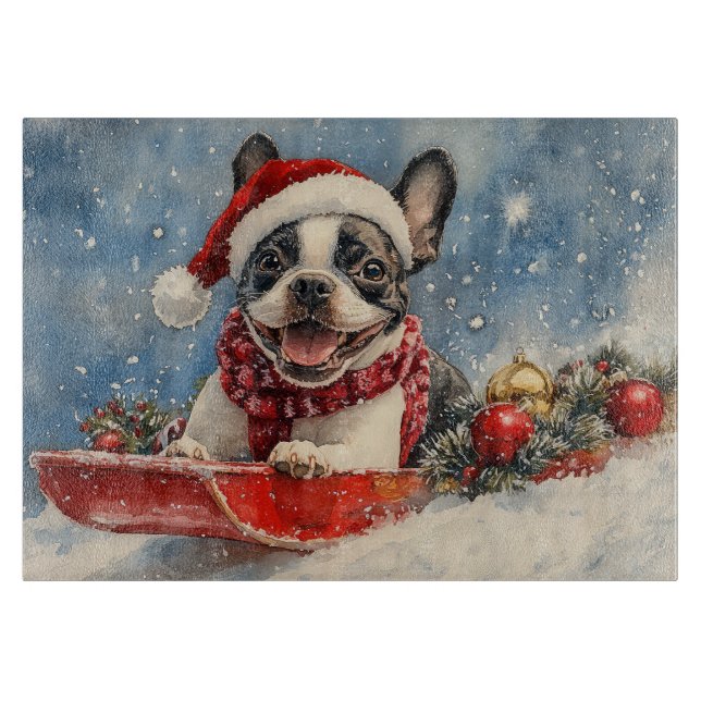 Boston Terrier Dog in Sledge Let it Snow Christmas Cutting Board (Front)
