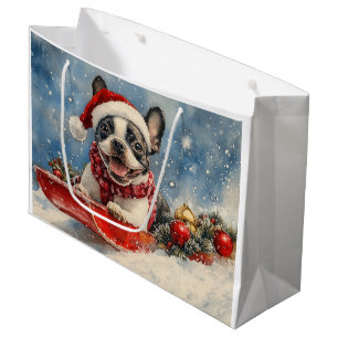 Boston Terrier Dog in Sledge Let it Snow Christmas Large Gift Bag