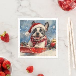 Boston Terrier Dog in Sledge Let it Snow Christmas Napkin