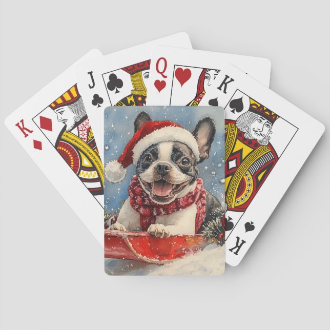 Boston Terrier Dog in Sledge Let it Snow Christmas Playing Cards (Back)