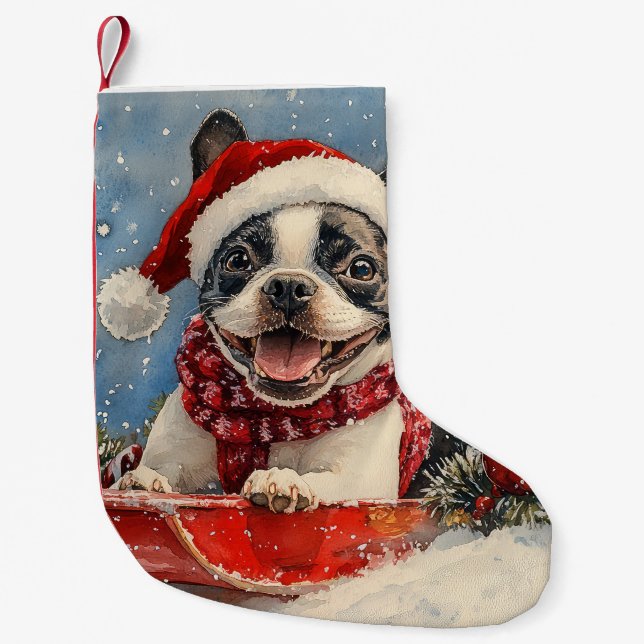 Boston Terrier Dog in Sledge Let it Snow Christmas Small Christmas Stocking (Front)