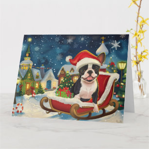 Boston Terrier Dog in Sleigh Snow Christmas Card