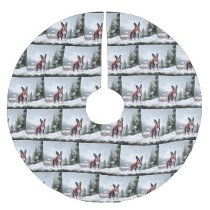 Boston Terrier Dog in Snow Christmas  Brushed Polyester Tree Skirt