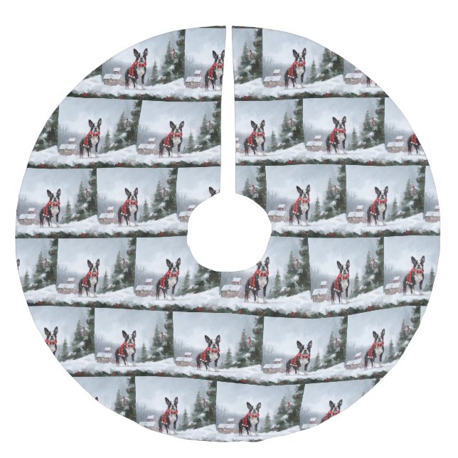 Boston Terrier Dog in Snow Christmas  Brushed Polyester Tree Skirt (Front)