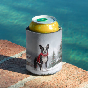 Boston Terrier Dog in Snow Christmas  Can Cooler