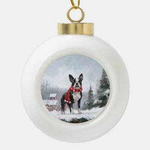 Boston Terrier Dog in Snow Christmas  Ceramic Ball Christmas Ornament
