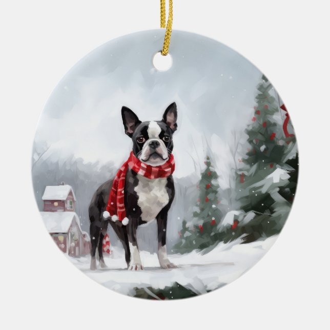 Boston Terrier Dog in Snow Christmas  Ceramic Ornament (Front)