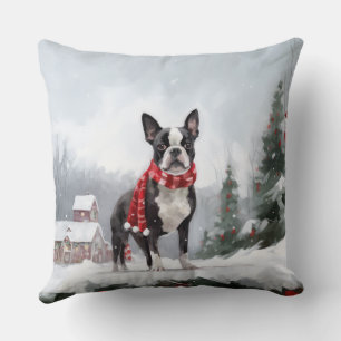 Boston Terrier Dog in Snow Christmas  Cushion