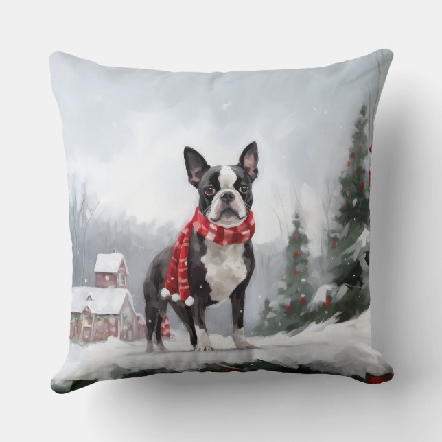Boston Terrier Dog in Snow Christmas  Cushion (Back)