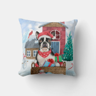 Boston Terrier Dog In snow Christmas Dog House Cushion