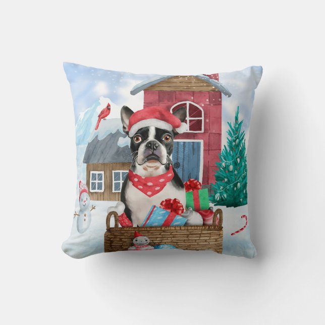 Boston Terrier Dog In snow Christmas Dog House Cushion (Front)