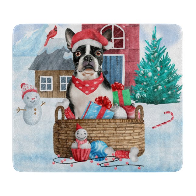 Boston Terrier Dog In snow Christmas Dog House Cutting Board (Front)