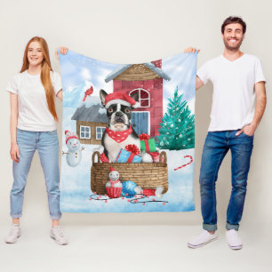 Boston Terrier Dog In snow Christmas Dog House Fleece Blanket