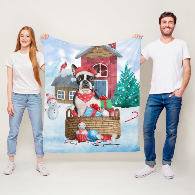 Boston Terrier Dog In snow Christmas Dog House Fleece Blanket (In Situ)