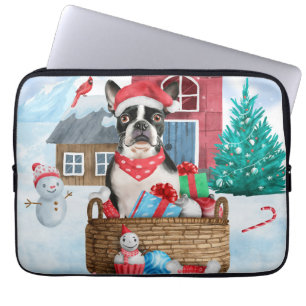 Boston Terrier Dog In snow Christmas Dog House Laptop Sleeve