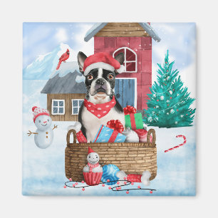 Boston Terrier Dog In snow Christmas Dog House Magnet