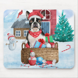 Boston Terrier Dog In snow Christmas Dog House Mouse Pad
